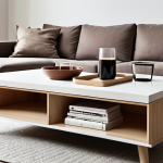 **Minimalist Living Room with Multifunctional Furniture**: Create an image of a minimalist living room featuring a stylish coffee table that serves as both a drink holder and storage space. The room should be organized and clutter-free, showcasing practical furniture choices that enhance daily living.