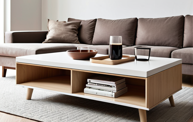 **Minimalist Living Room with Multifunctional Furniture**: Create an image of a minimalist living room featuring a stylish coffee table that serves as both a drink holder and storage space. The room should be organized and clutter-free, showcasing practical furniture choices that enhance daily living.