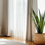 **

A bright, minimalist living room in Malaysia. Neutral colors dominate (white, beige, light grey). Sunlight streams in through sheer curtains. A single, healthy snake plant sits on a light wood side table. Focus on clean lines and a sense of calm. A woven rattan basket sits neatly tucked under the side table.

**
