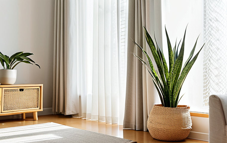 **
A bright, minimalist living room in Malaysia. Neutral colors dominate (white, beige, light grey). Sunlight streams in through sheer curtains. A single, healthy snake plant sits on a light wood side table. Focus on clean lines and a sense of calm. A woven rattan basket sits neatly tucked under the side table.
**