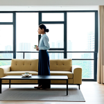 A professional woman, fully clothed in modest, comfortable attire, is standing gracefully in a bright, modern minimalist living room within an urban apartment setting, reminiscent of Kuala Lumpur's contemporary designs. Large windows allow abundant natural light to flood the space, highlighting a simple yet elegant sofa, a sleek coffee table, and uncluttered surfaces. The room conveys a serene and inviting atmosphere, reflecting the tranquility of a well-organized home. The subject has perfect anatomy, correct proportions, and a natural pose. This is a safe for work, appropriate content, professional photograph, high quality, with well-formed hands and natural body proportions.