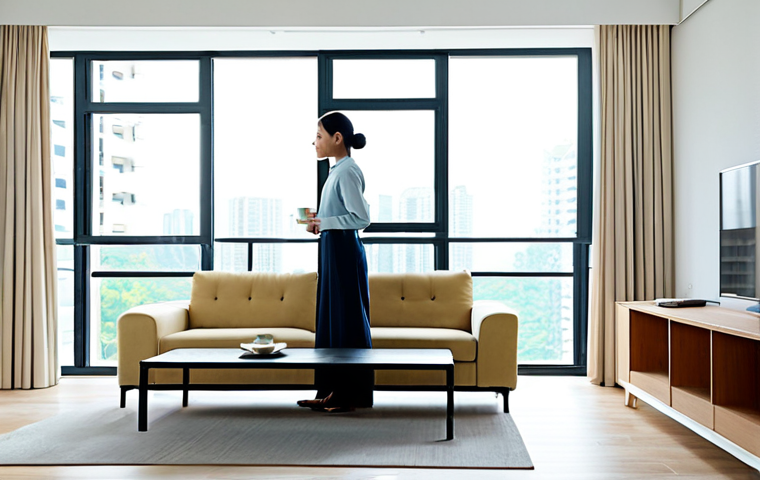 A professional woman, fully clothed in modest, comfortable attire, is standing gracefully in a bright, modern minimalist living room within an urban apartment setting, reminiscent of Kuala Lumpur's contemporary designs. Large windows allow abundant natural light to flood the space, highlighting a simple yet elegant sofa, a sleek coffee table, and uncluttered surfaces. The room conveys a serene and inviting atmosphere, reflecting the tranquility of a well-organized home. The subject has perfect anatomy, correct proportions, and a natural pose. This is a safe for work, appropriate content, professional photograph, high quality, with well-formed hands and natural body proportions.